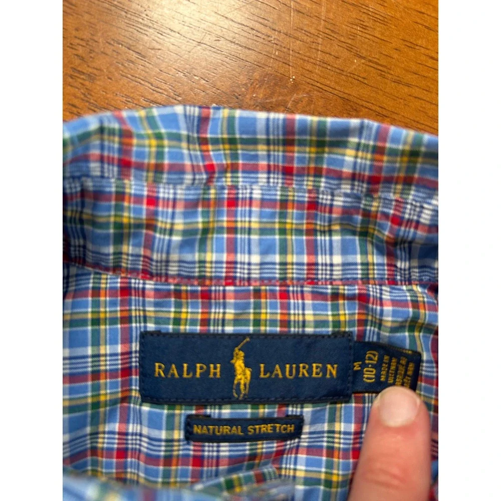 Ralph Lauren Button Down Boys M 10-12 Blue Plaid Stretch Long Sleeve Shirt